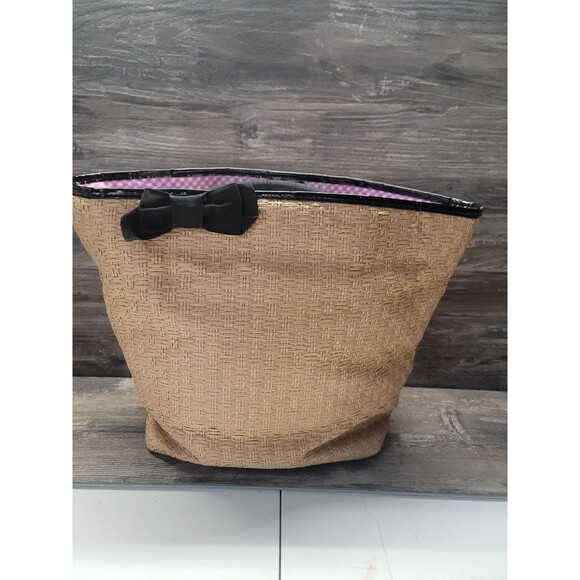 Bath&Bodyworks Straw Tote Bag With Black Handles Bow Detail Removable Strap Pink - Picture 1 of 8